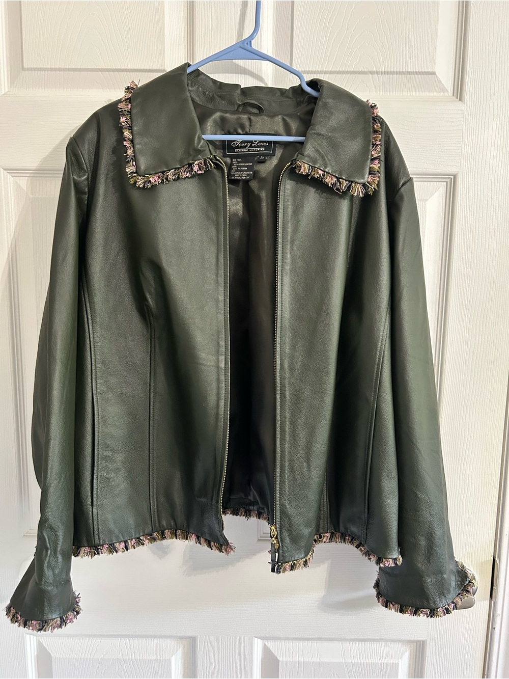 Terry Lewis Classic Luxuries Olive Green Leather Jacket with Fringe Trim